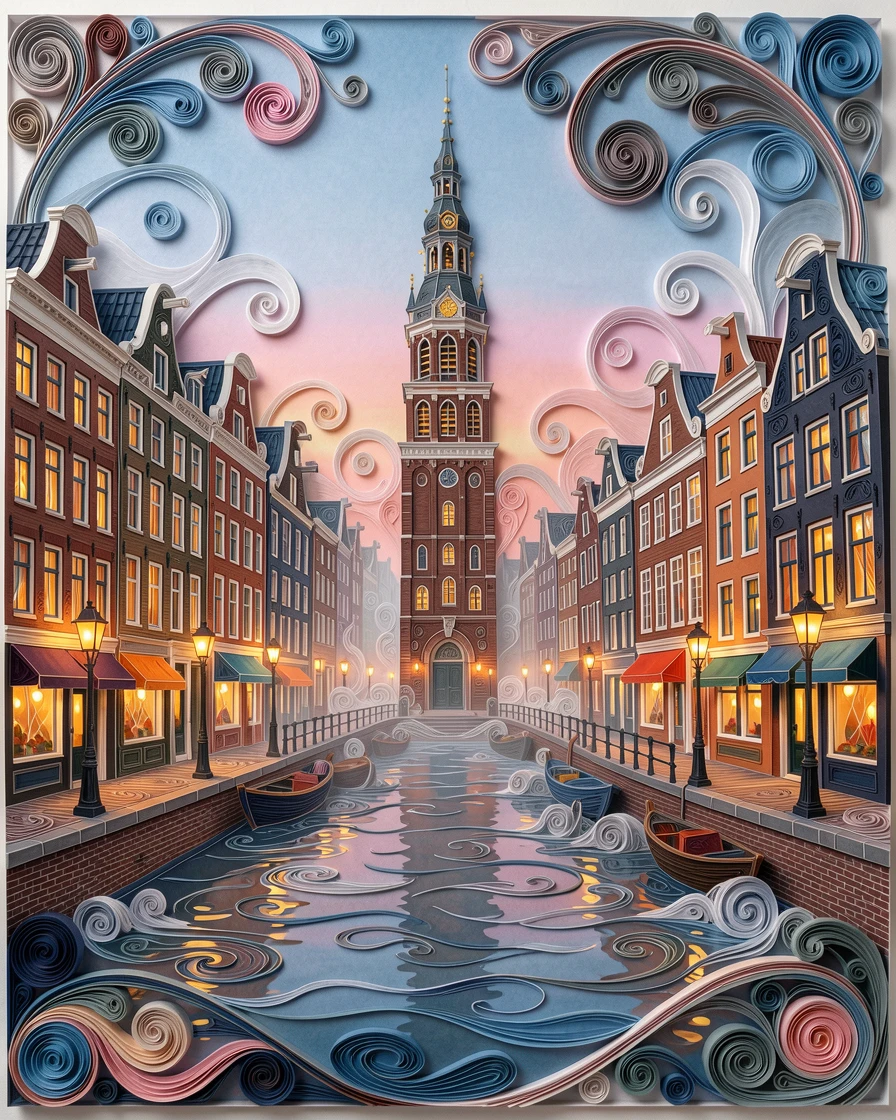 A breathtaking view of the colorful canal houses of Amsterdam at dusk wrapped in gentle morning mist, with twinkling lights beginning to glow at dusk, composed with the landmark as a striking central focal point.