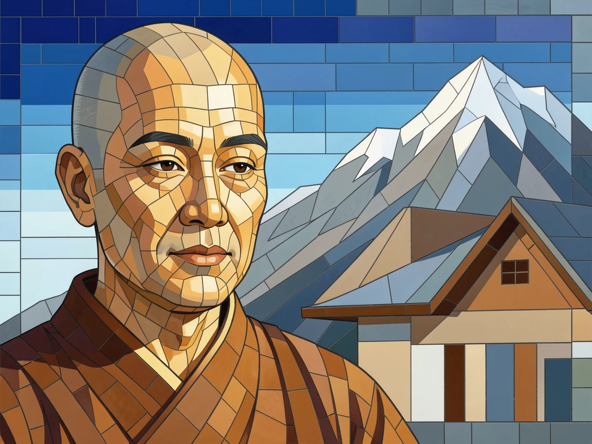 A close-up emotional portrait of a monk meditating peacefully beside a tranquil mountain temple, with striking eyes and gentle expression.