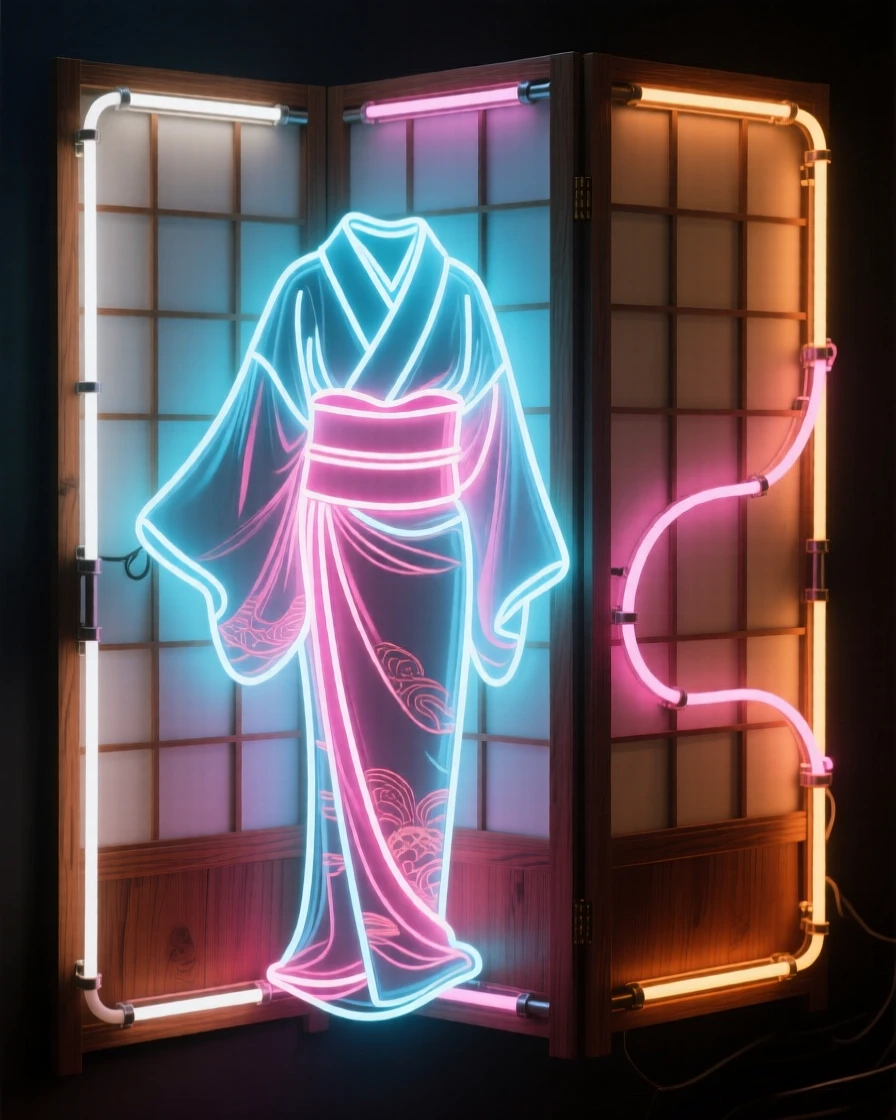 A silk kimono draped over a wooden folding screen.