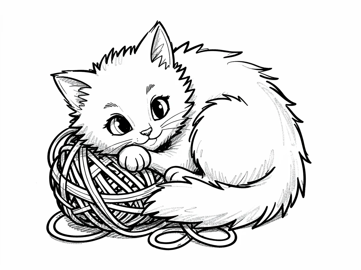 A fluffy white kitten curled around a ball of yarn.