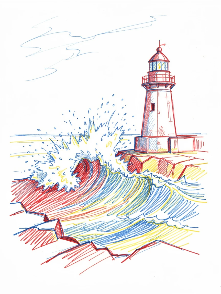 A dramatic coastal storm with waves crashing against a rocky lighthouse point