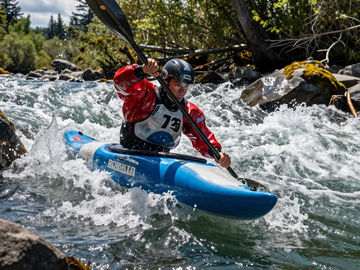 A kayaker paddling through white river rapids