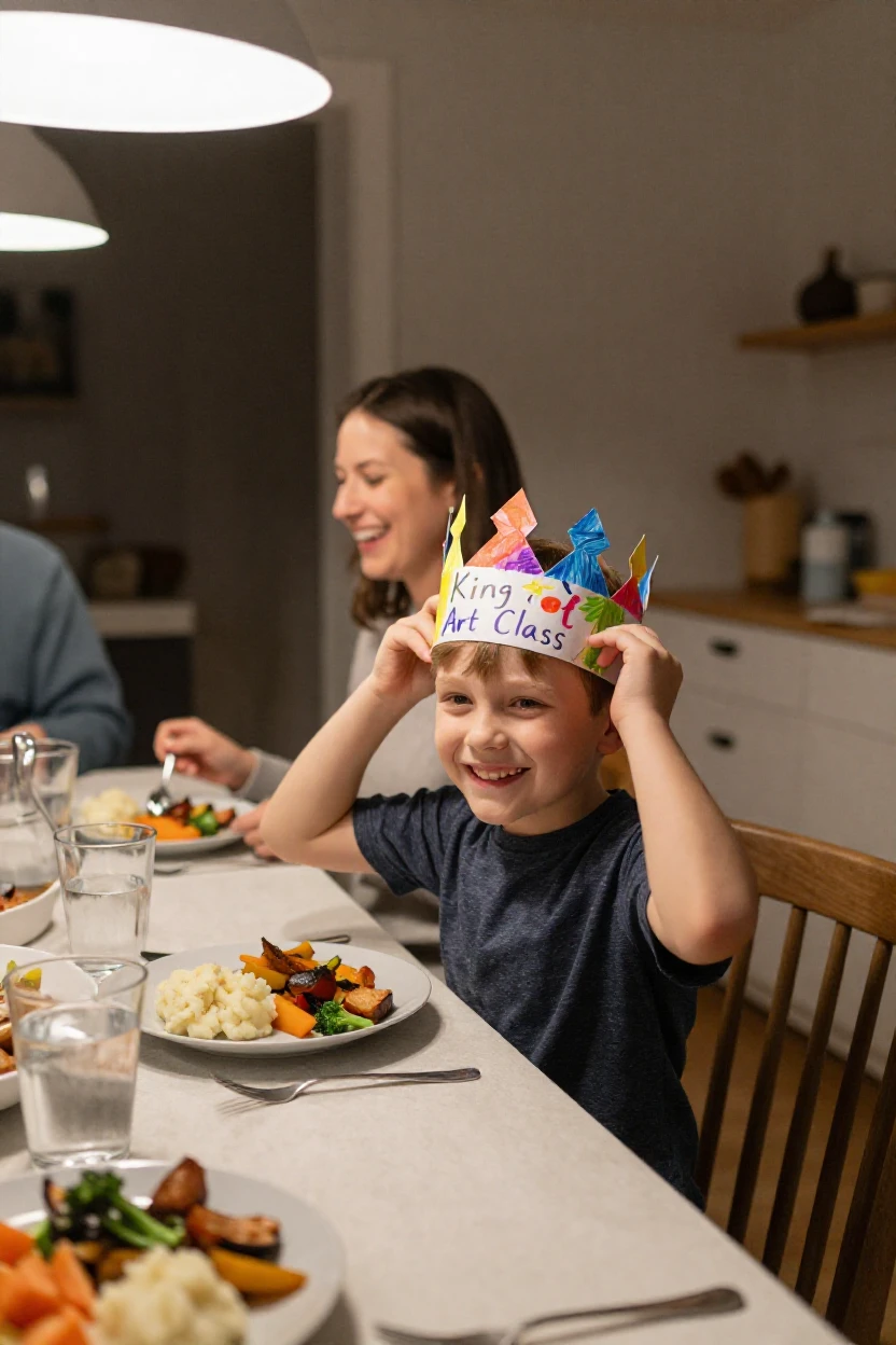 A boy proudly wears a paper crown he made in art class all through dinner.
