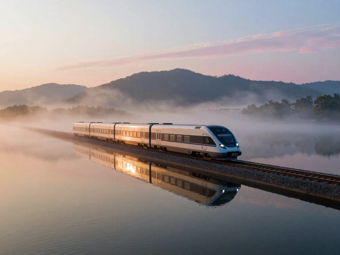 A sleek electric train gliding across a calm lake as fog rolls across the landscape