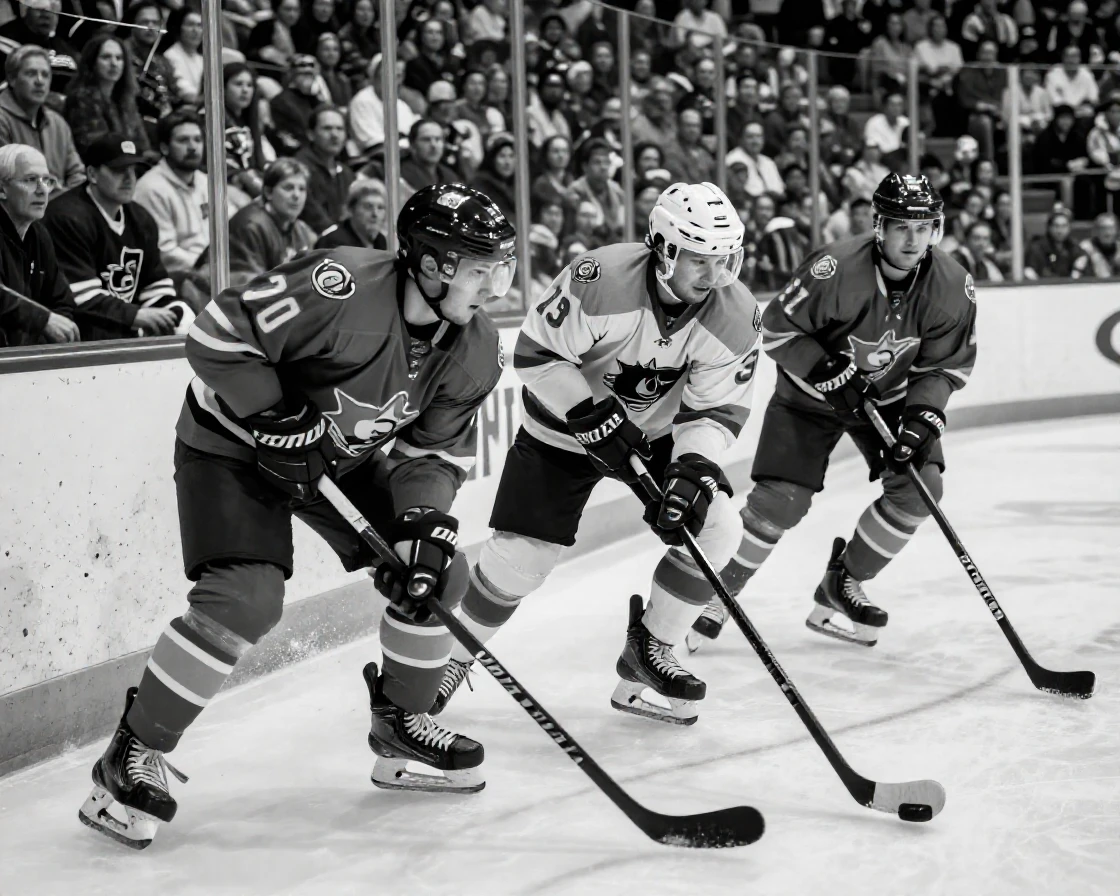A team of ice hockey players battles for the puck along the boards inside a packed ice rink.