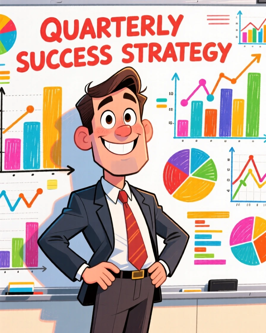 A confident office manager standing with hands on hips in front of a whiteboard full of charts.