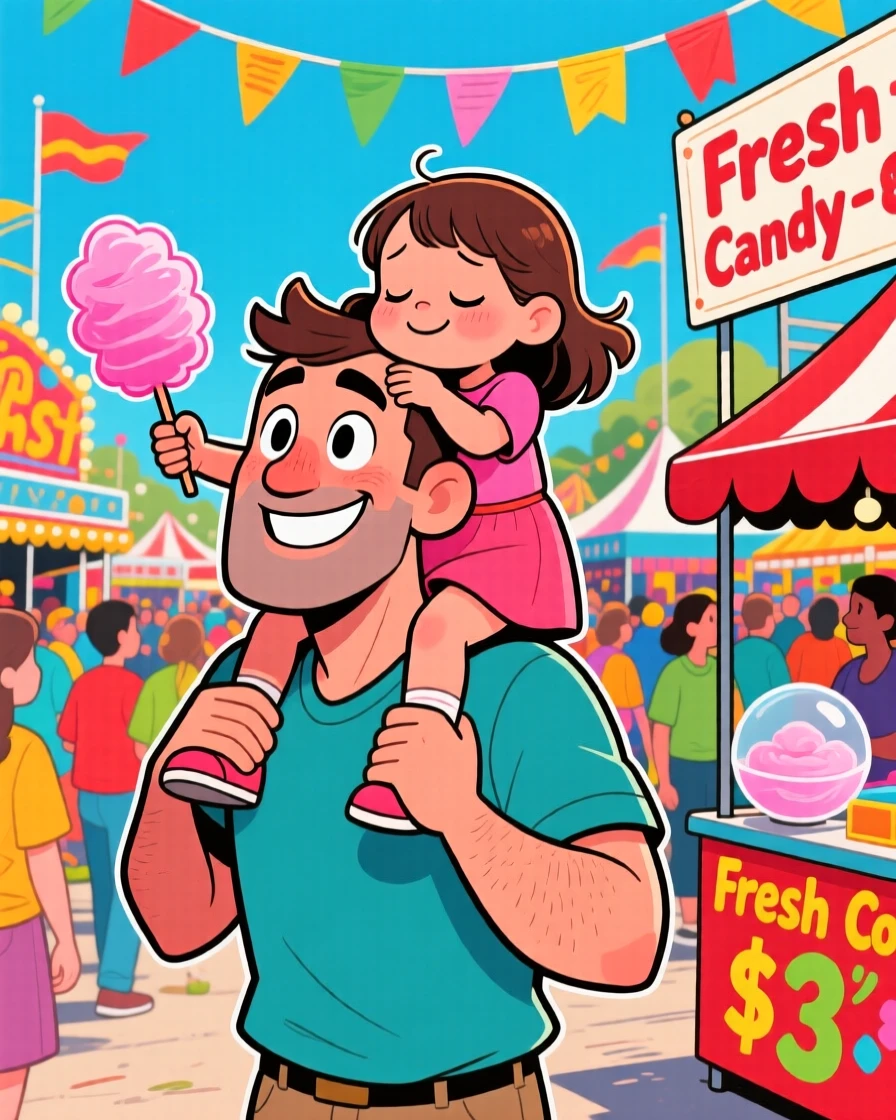 A heartwarming scene of a father carrying his sleepy daughter on his shoulders through a crowded fair, cotton candy in her hand.
