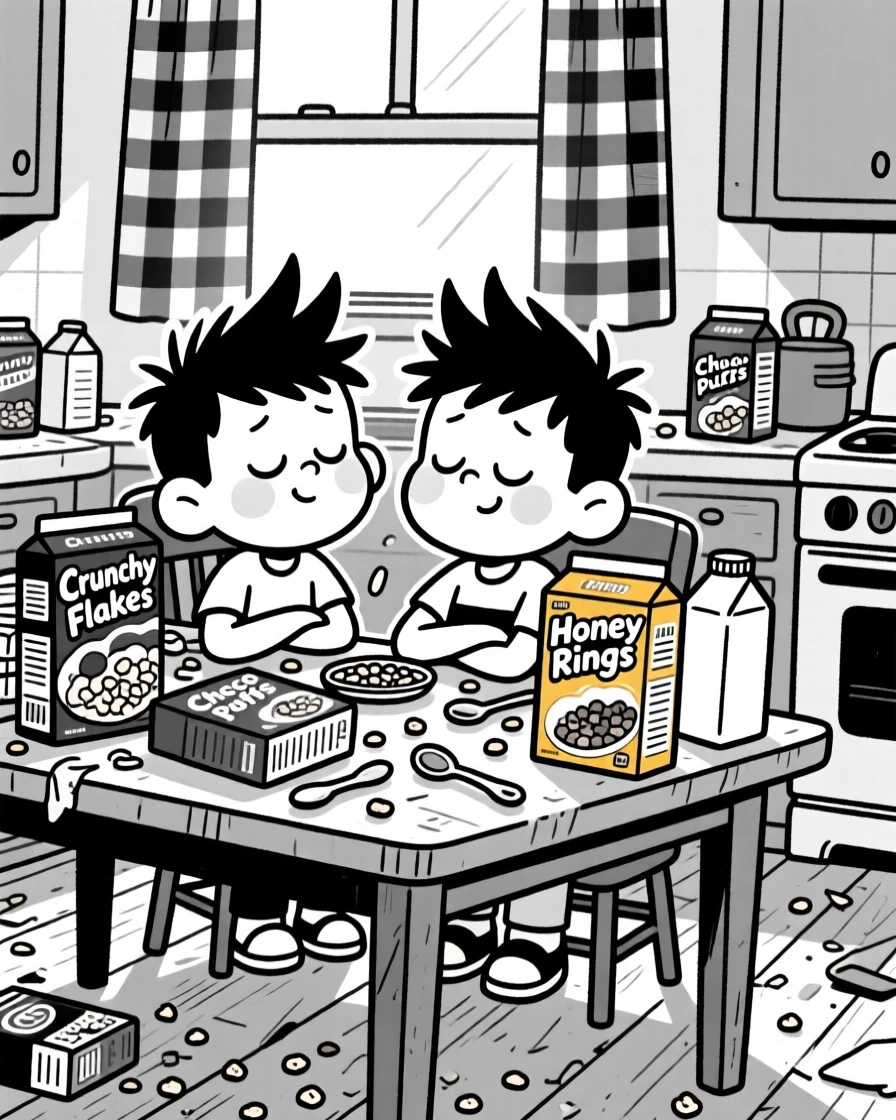 Twin boys with identical cowlicks, pretending to be asleep to avoid chores, set at a cluttered kitchen table covered in cereal boxes. Sunlight streams through gingham curtains. The image captures the joyful mess of home life.