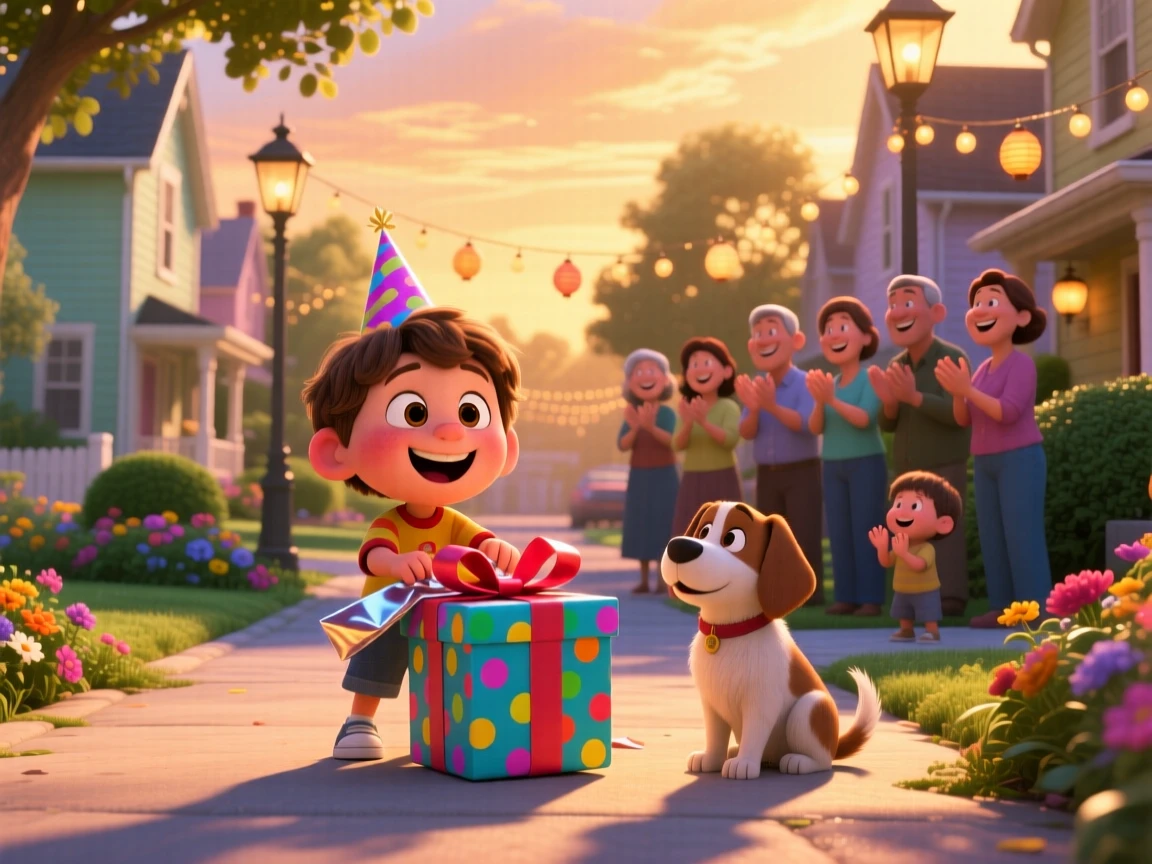 A child receiving a surprise birthday gift unfolds on a quiet neighborhood street at golden hour, with everyone's laughter filling the air. Pure joy and warmth radiate from the scene.