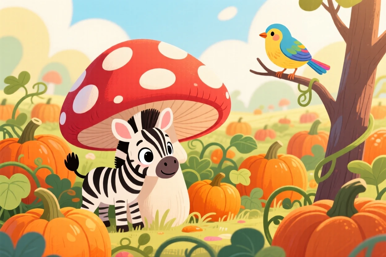 A stripy zebra foal is peeking out from behind a mushroom in a pumpkin patch, while a curious bird watches from a branch.