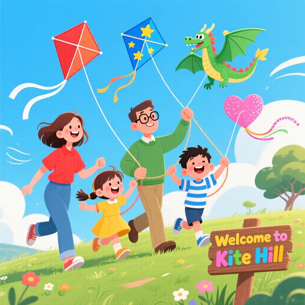 A family of four flying kites together on a windy hill.