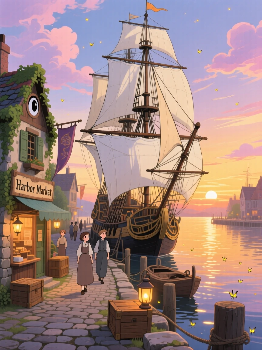 A scenic view of a historic harbor town with tall ships docked at the pier, as locals stroll along winding cobblestone lanes.