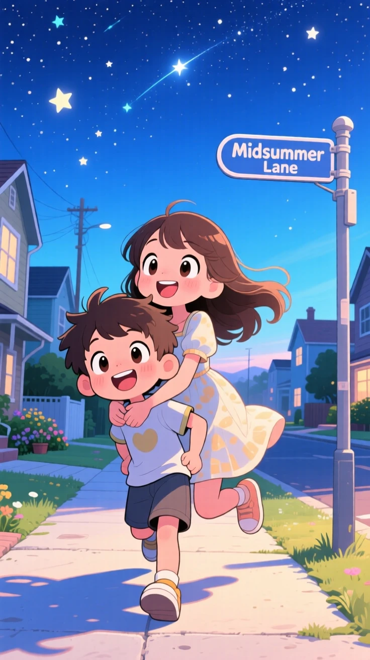 Over-the-shoulder view of a young boy, riding piggyback on his older sister, in a sunny neighborhood sidewalk, under a starry midsummer night sky, illuminated by cool blue twilight glow, radiating delighted joy.