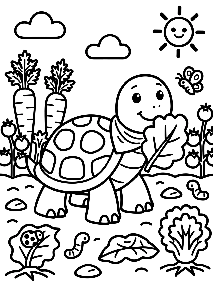 A tortoise munching on lettuce in a vegetable garden