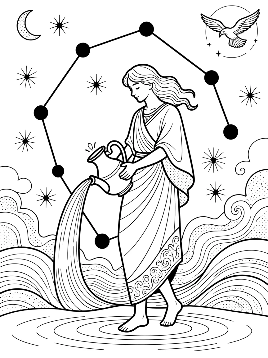 A zodiac constellation illustration of Aquarius the water bearer, formed from connected stars against a night sky filled with smaller stars and swirling nebula clouds.