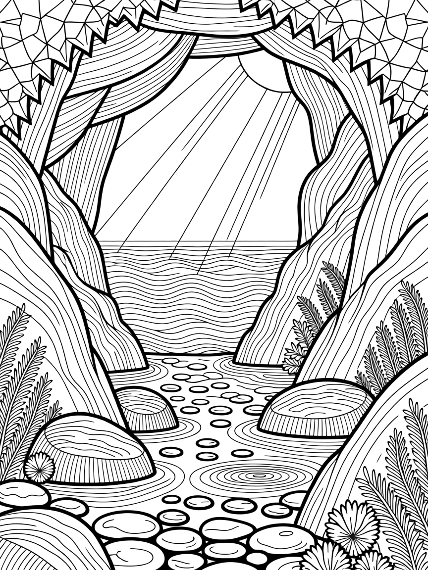 A tide-carved sea cave with light streaming through an opening above.