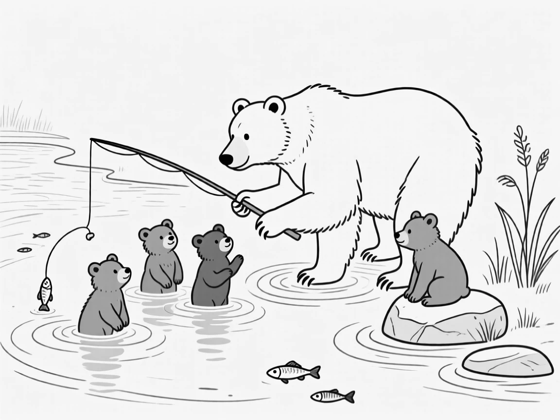 A mother bear teaching her cubs to fish in a river