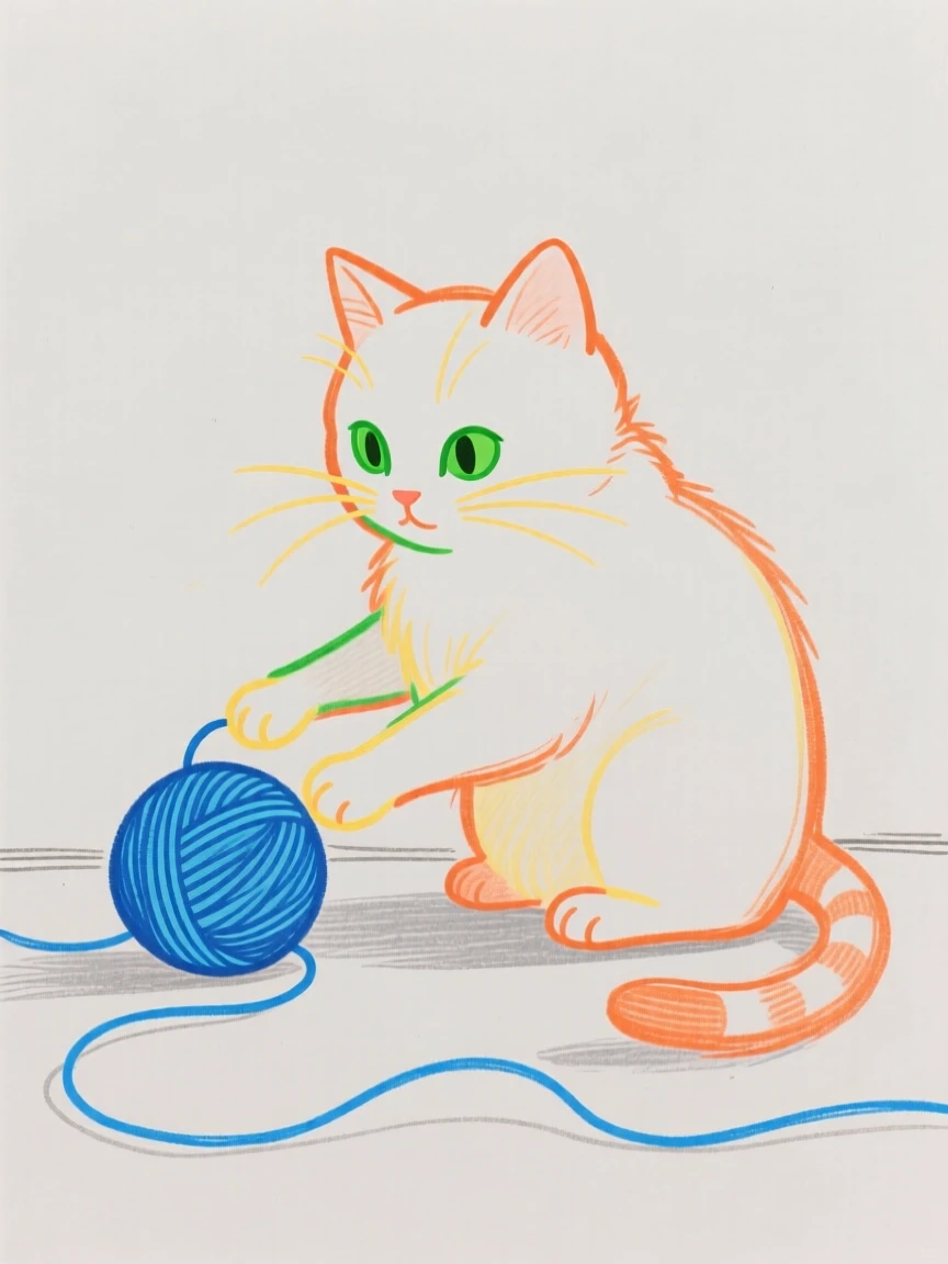 A kitten batting at a ball of yarn.