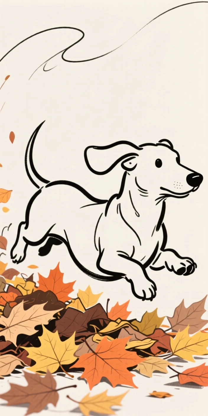 A dachshund running through a pile of crunchy autumn leaves.