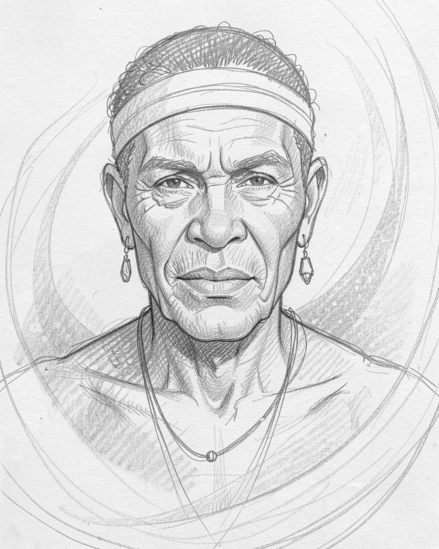 Intimate close-up of a proud tribal elder amid swirling desert sand, adorned with delicate jewelry.