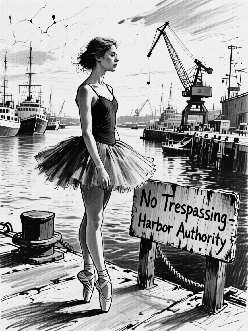 A young ballerina working intently with focused concentration, at the edge of a bustling harbor.