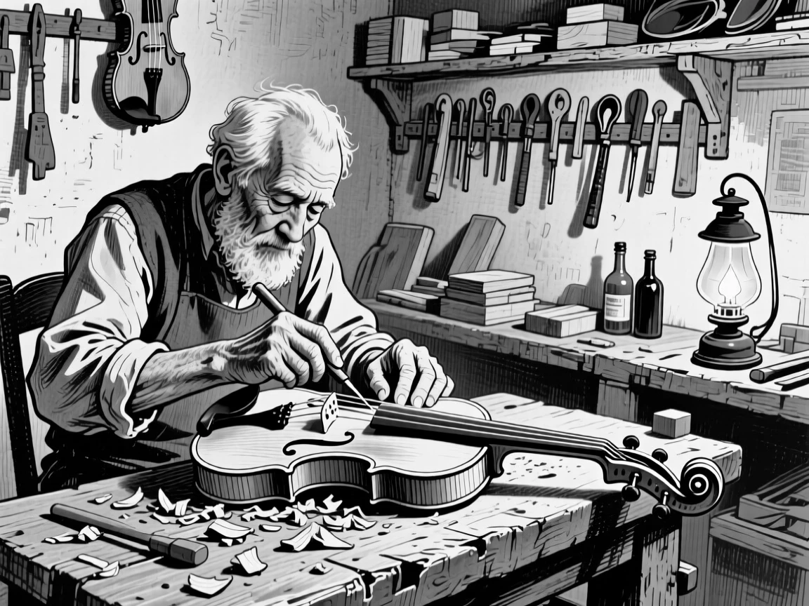 A violin maker carefully carving the scroll of a new instrument in a quiet workshop.
