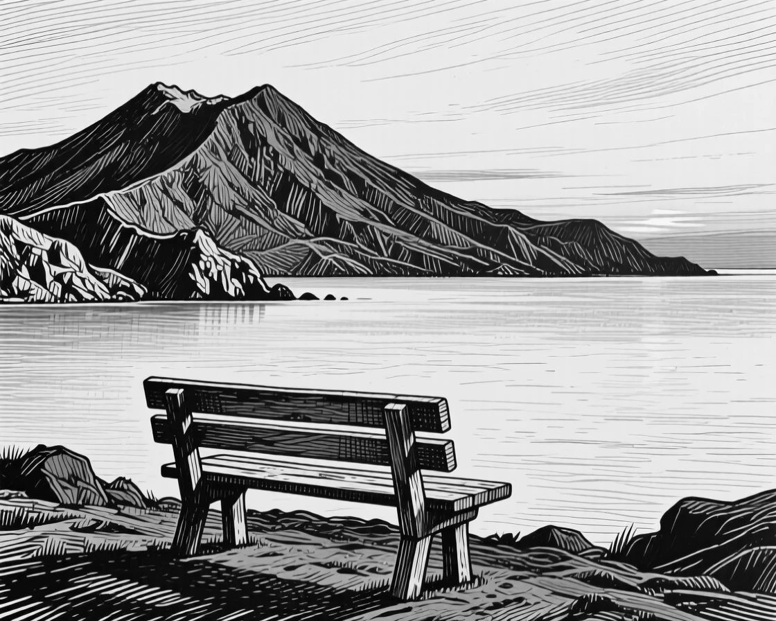 A volcanic ridge as the last light of day fades over the water, with a single wooden bench overlooking the view, evoking a gently nostalgic atmosphere in a wide, balanced composition.
