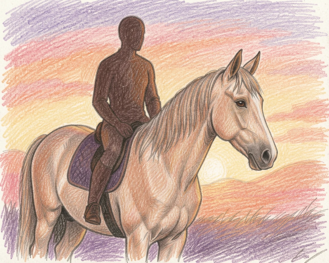 A horse and rider silhouetted against a glowing sunset, with delicate details in the fur and expressive eyes, evoking comfort, loyalty, and quiet companionship.