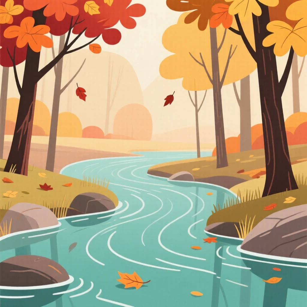 A tranquil forest stream surrounded by autumn trees, with gentle ripples on the surface.