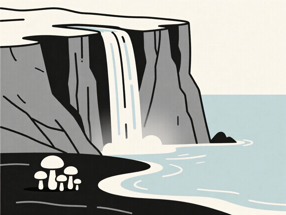A towering waterfall, standing at the edge of a volcanic island shoreline, with a cluster of mushrooms nearby, evokes peaceful renewal.