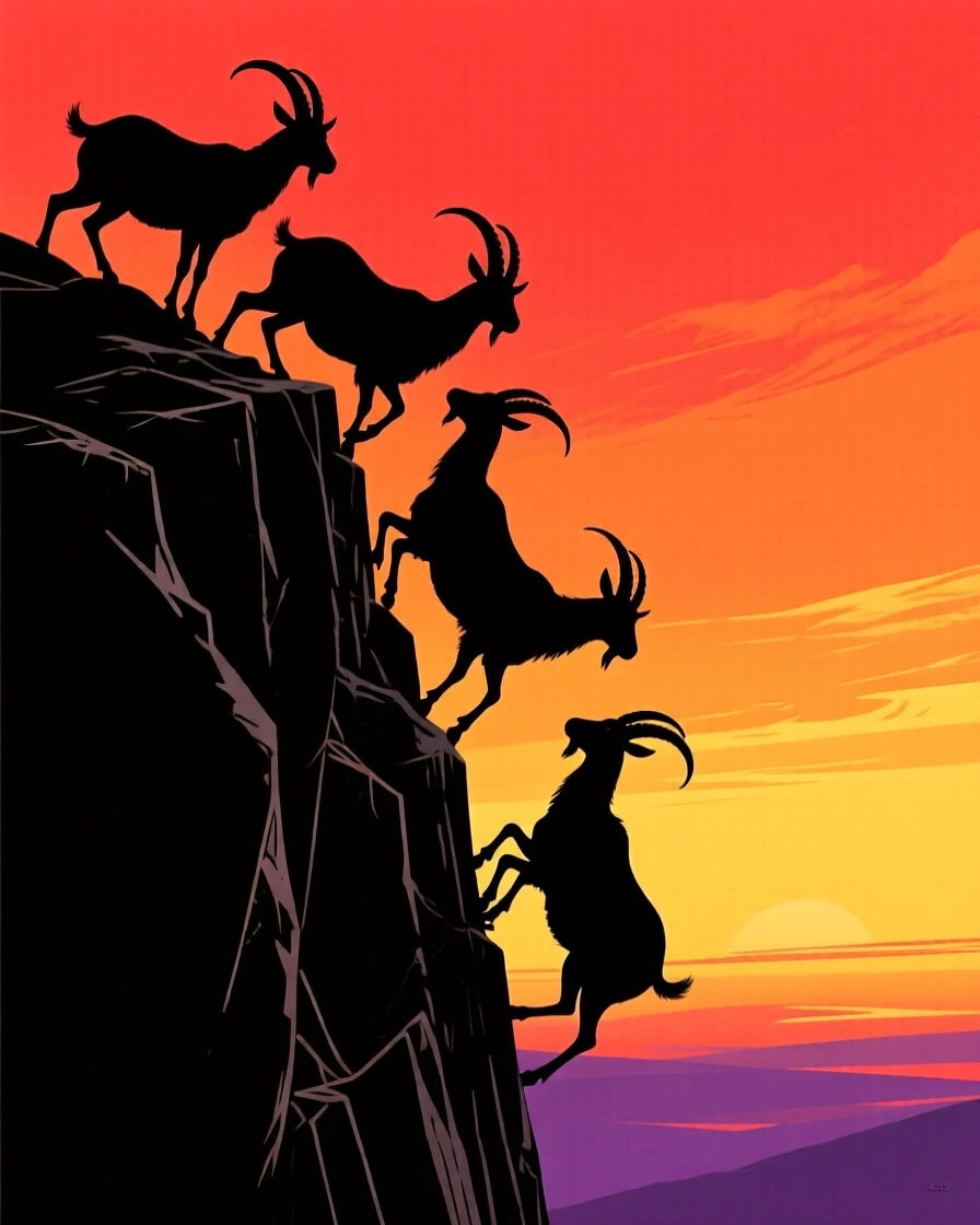 A herd of wild goats climbing a near-vertical cliff face.