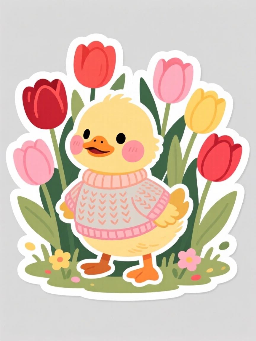 A rosy-cheeked wobbly baby duckling wearing a tiny knitted sweater, in a garden full of blooming tulips.