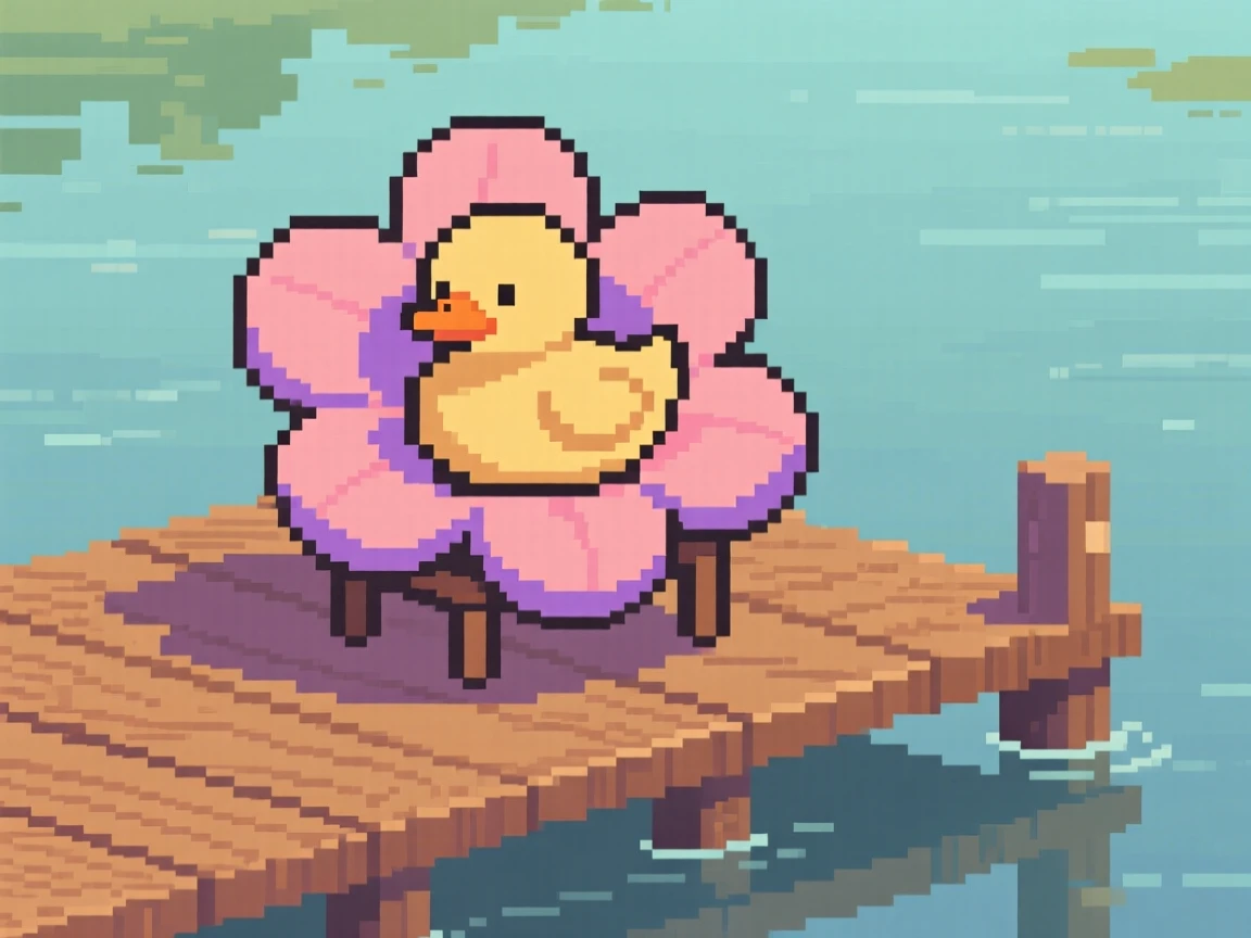 A duckling sitting inside a flower like a cozy chair, on a wooden dock over a still lake.
