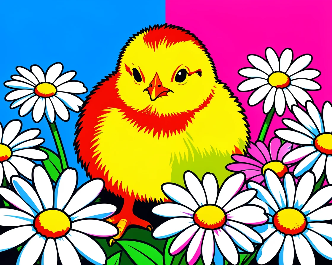 Baby chick nestled among daisies