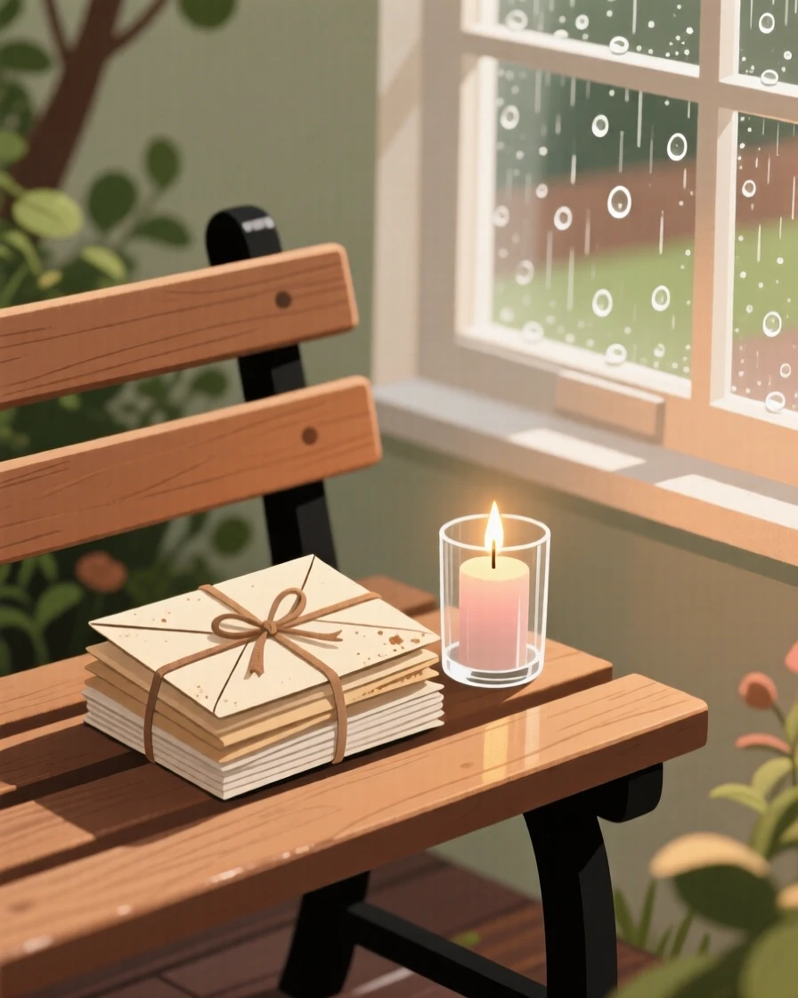 A garden bench holds a simple arrangement of a stack of old letters and a candle, lit softly by morning sun beside a rain-speckled pane.