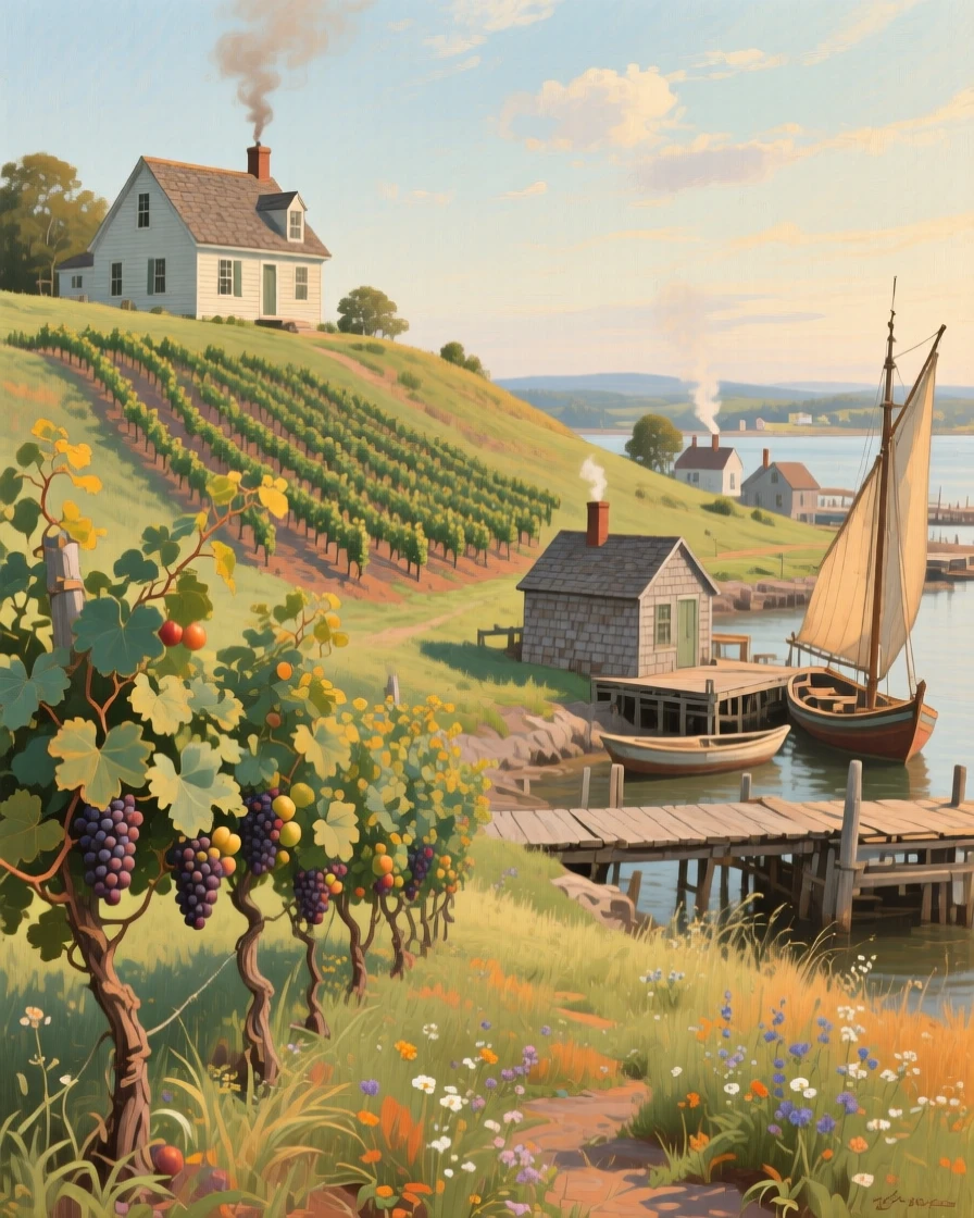 An expansive vista of a vineyard with neat rows of vines climbing a gentle slope, during the colonial era, in a New England fishing town.
