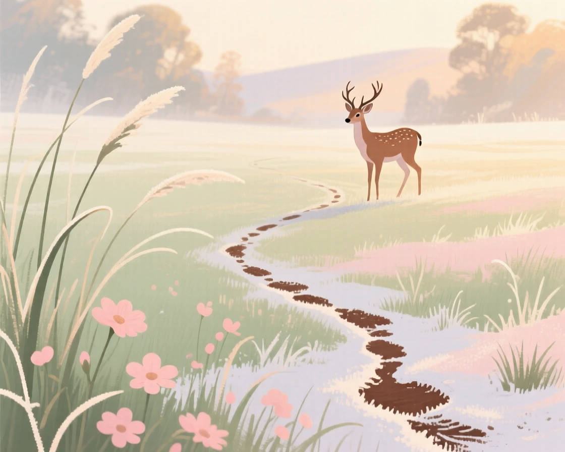 A frosty morning meadow with a single set of deer tracks