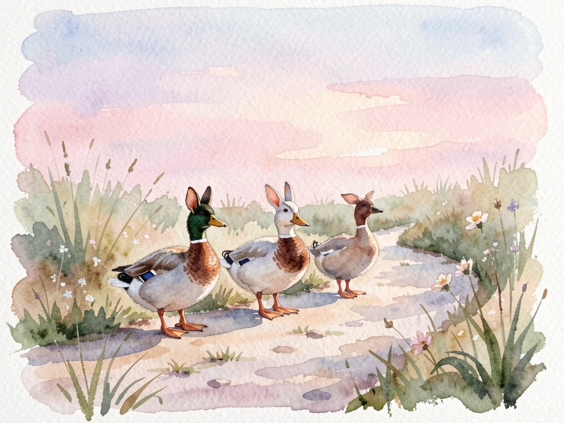 A family of ducks crossing a path against a soft pastel sky with its ears perked up.
