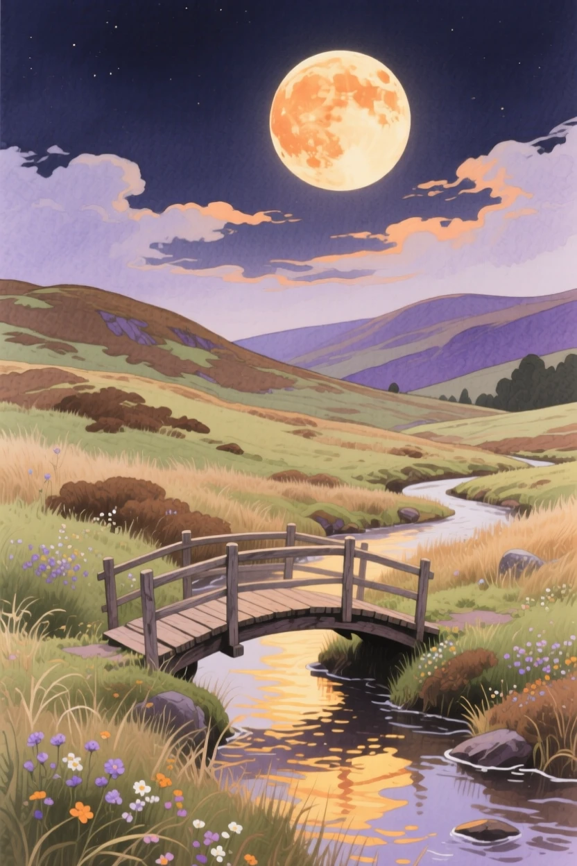 A breathtaking view of a highland moor under a full harvest moon, with a small wooden bridge crossing a stream
