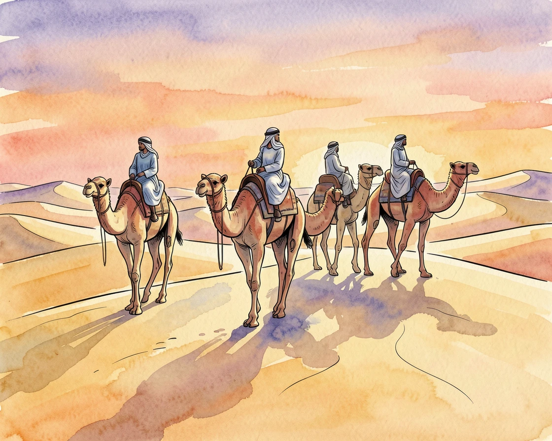 A camel caravan crossing golden desert dunes at sunset, long shadows trailing behind each animal