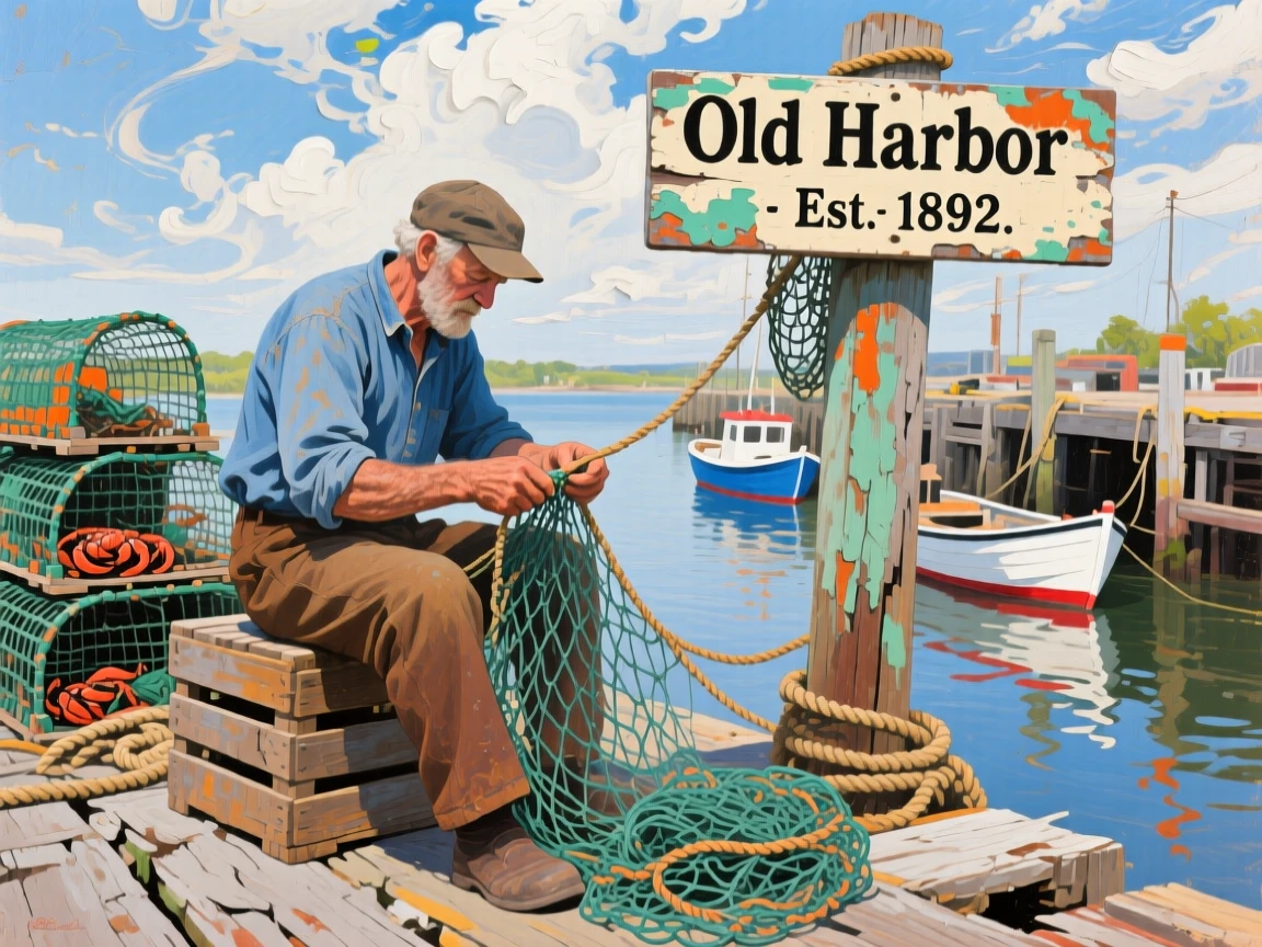 a fisherman mending nets beside a weathered harbor, on a breezy spring afternoon, from an inviting eye-level viewpoint.