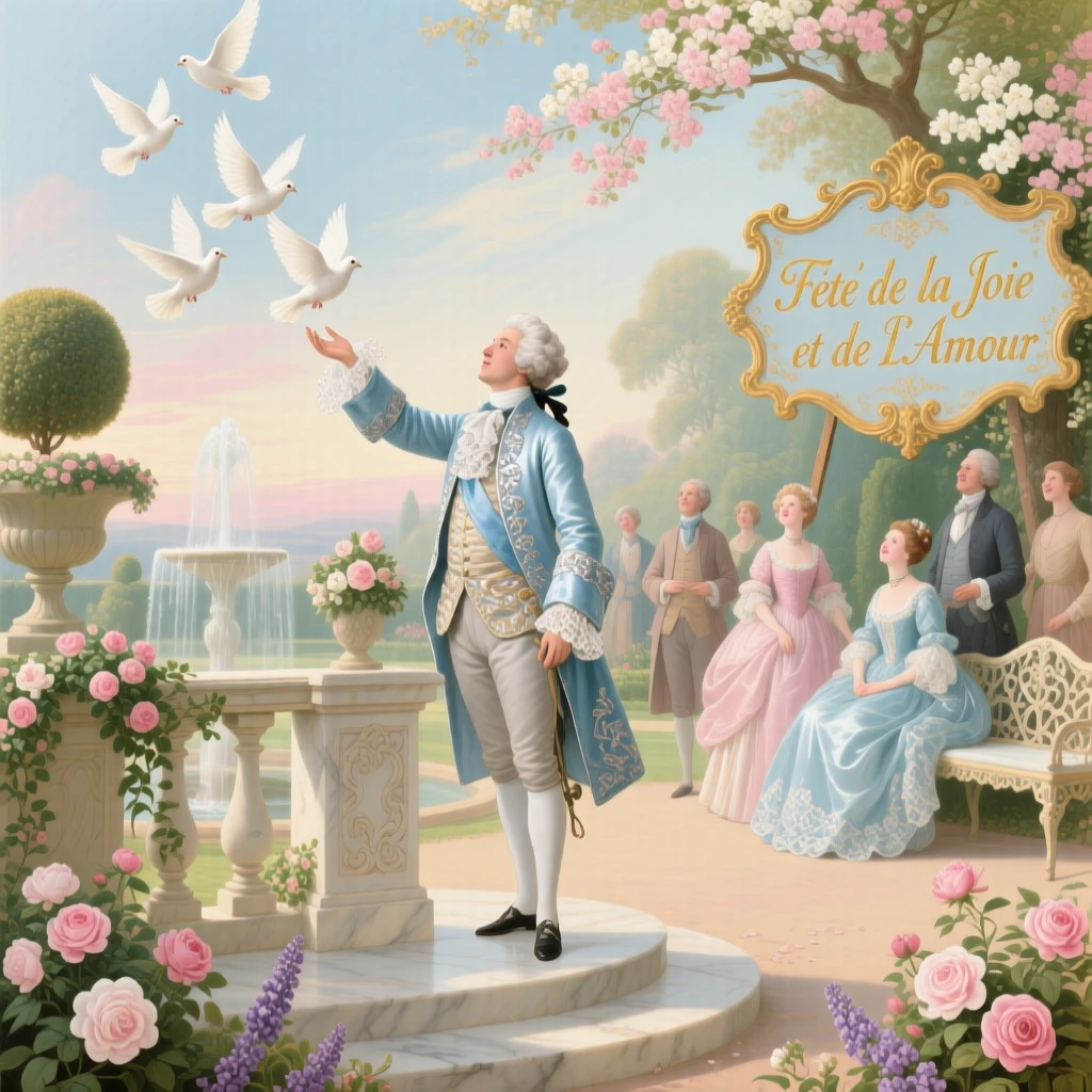 A prince releasing a flock of white doves during a garden celebration  