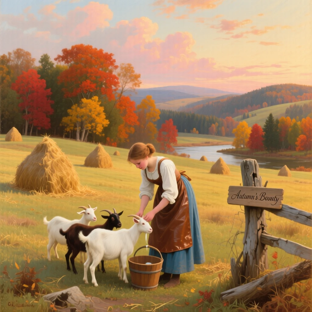 A milkmaid tends her flock across a field dotted with haystacks as autumn colors the land.