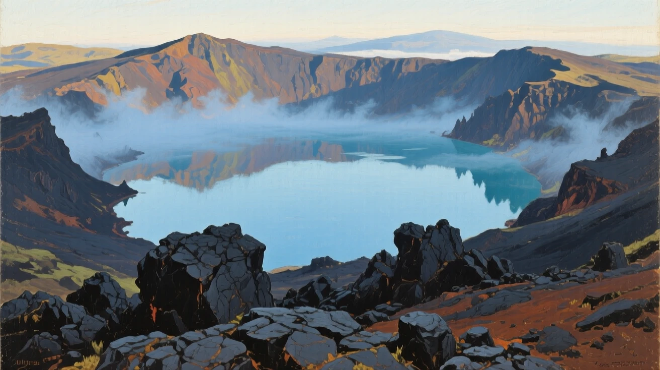 A volcanic crater lake surrounded by jagged black lava rock, as a soft blue mist settles over the lower elevations, framed to highlight the vastness and grandeur of the setting