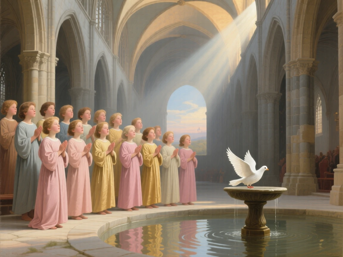 A choir of children singing beneath a vaulted cathedral ceiling as light seems to answer a silent prayer, set beside a sacred spring reflecting the morning sky, with a single dove or beam of light marking the sacred moment; a low, humble viewpoint elevates the sacred over the everyday, radiating compassion, faith, and gentle hope.