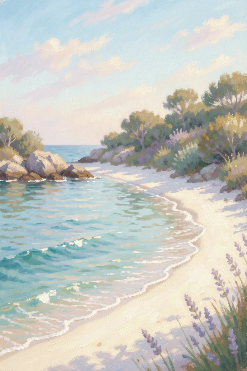 A secluded cove reachable only by boat, turquoise water lapping against a crescent of white sand.