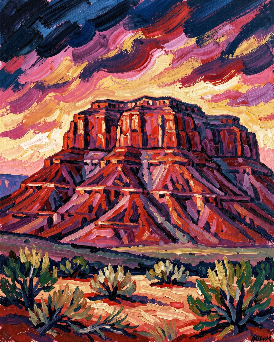 A dramatic mesa landscape at sunset, layered rock glowing deep red and purple.