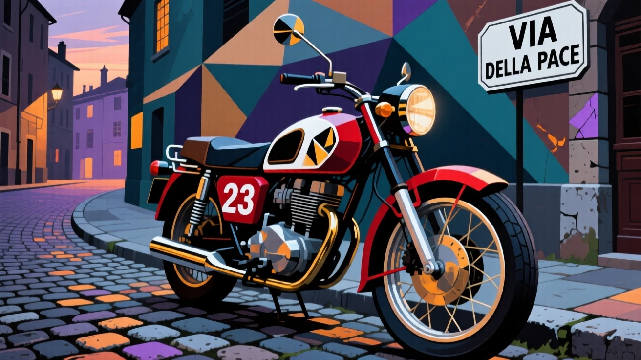 An antique motorcycle parked along a cobblestone European street at dusk.