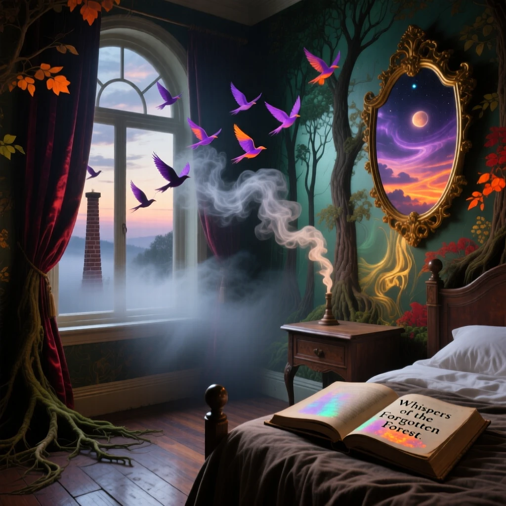 A bedroom whose wallpaper shifts slowly like a living forest sits quietly wrapped in early morning mist, while smoke curls gently from a chimney into shapes of birds.