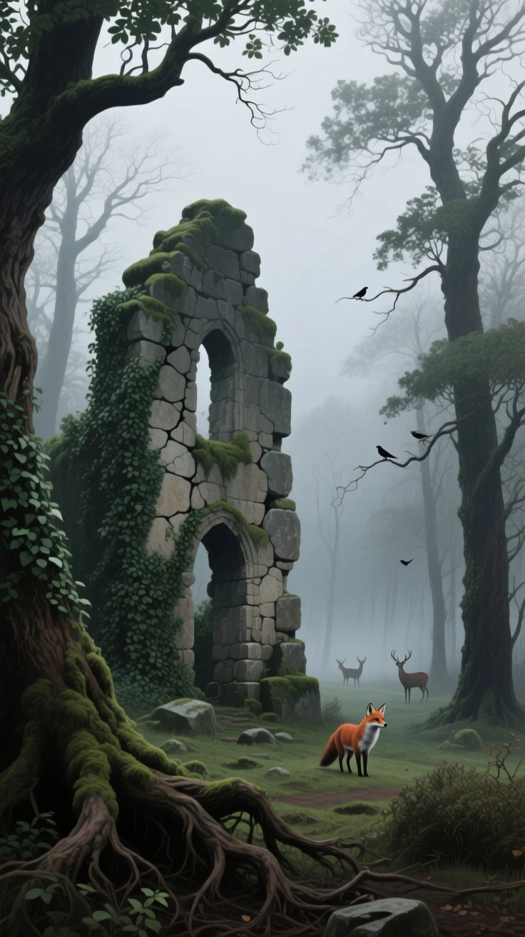 A moody forest scene in Transylvania shows an old stone ruin half-swallowed by ivy and tree roots, thin fog drifting between ancient oaks under a pale gray sky, with scattered wildlife visible moving quietly through the middle distance of the composition.